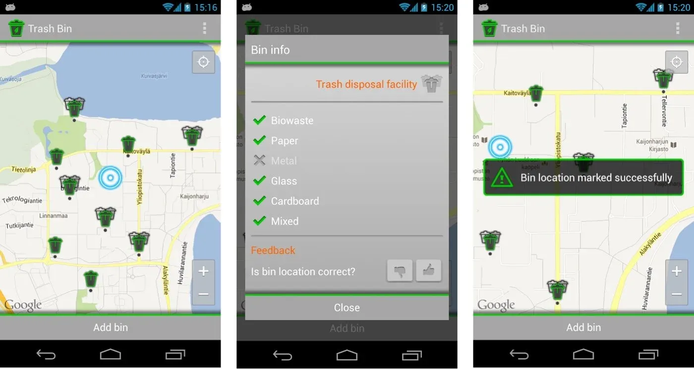 Bin locator Android app crowdsourcing public disposal facilities